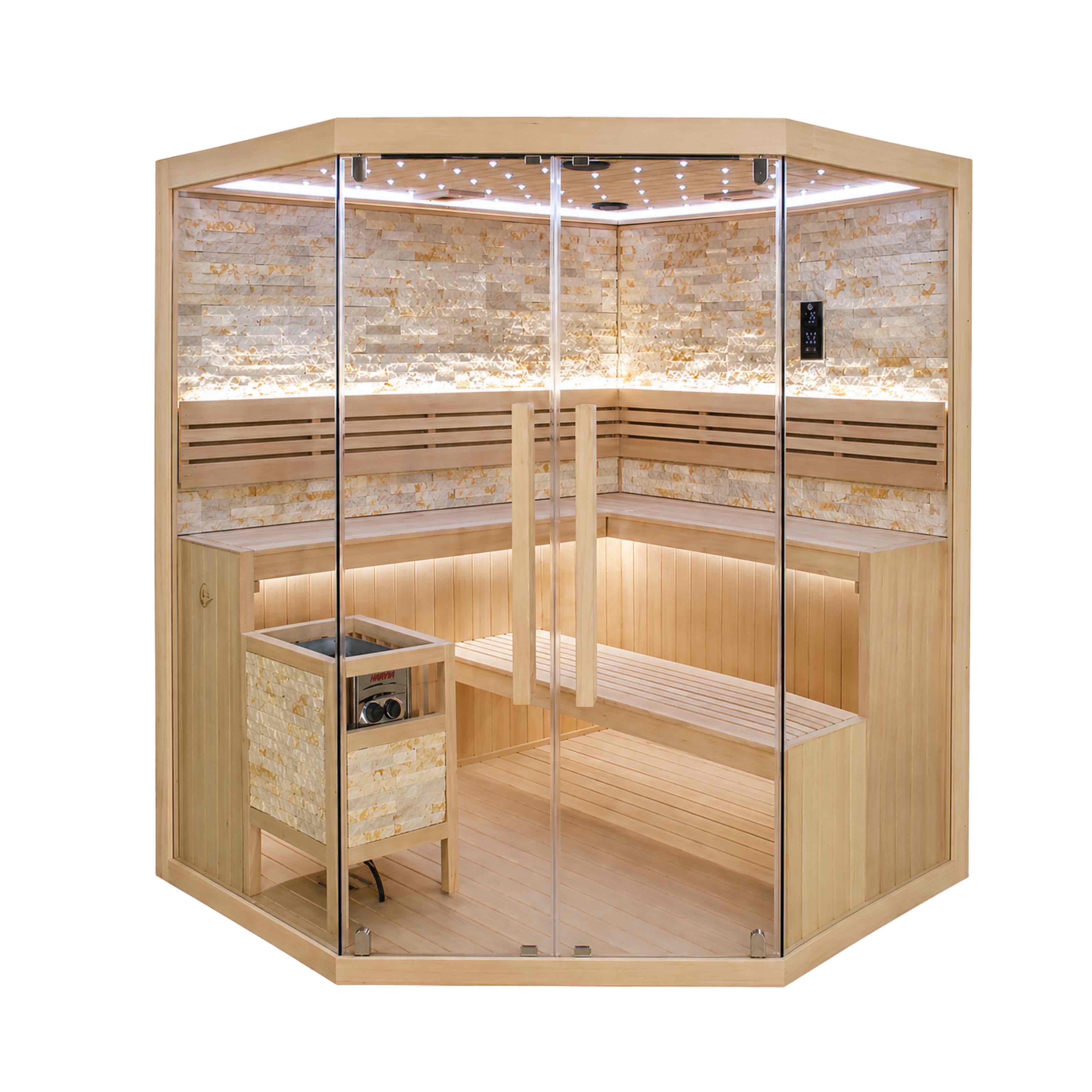 Finnische Sauna Sidora JK200, Eckmodell für 6 Personen mit Heizofen