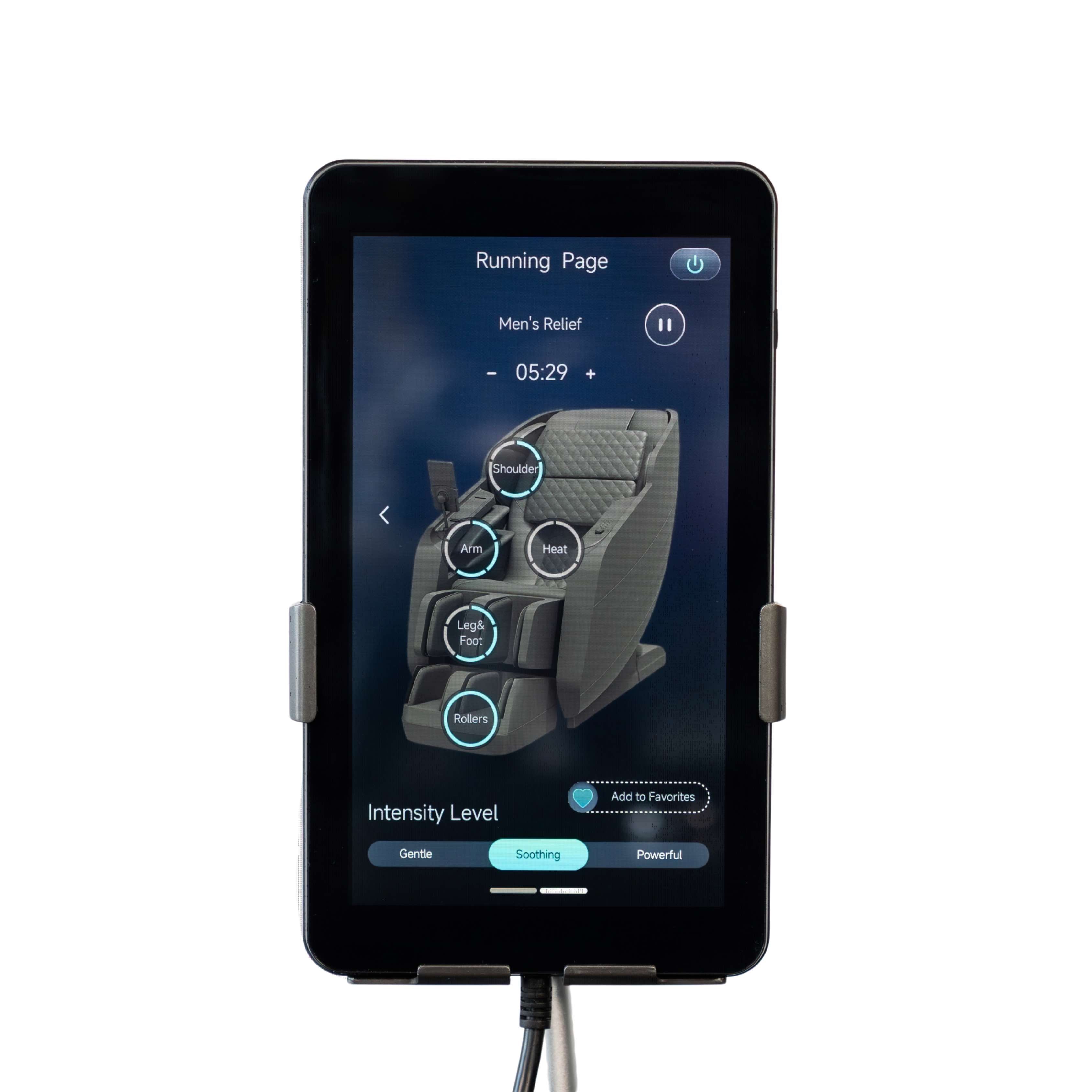 Massagesessel Miore grau-schwarz, Tablet zur Fernsteuerung. Darauf ist eine Grafik des Massageessels zu sehen, der Name des aktuellen Programms sowie Tasten zur Steuerung der Massageintensität im Bereich von Schultern, Armen, Beinen und Füßen sowie der Heizintensität.