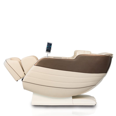 Miore Massagesessel in Creme und Braun, Seitenansicht mit ausgefahrener Liegeposition