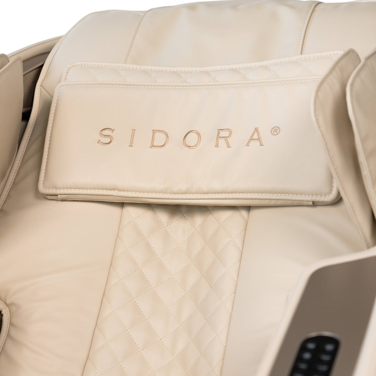 Miore Massagesessel in Creme und Braun mit SIDORA Logo und Steppdetails