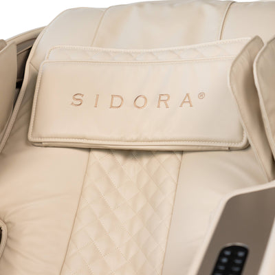 Miore Massagesessel in Creme und Braun mit SIDORA Logo und Steppdetails
